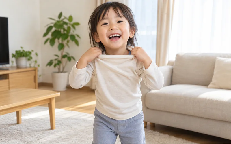 いないいないばあお着替えで遊ぶ子ども