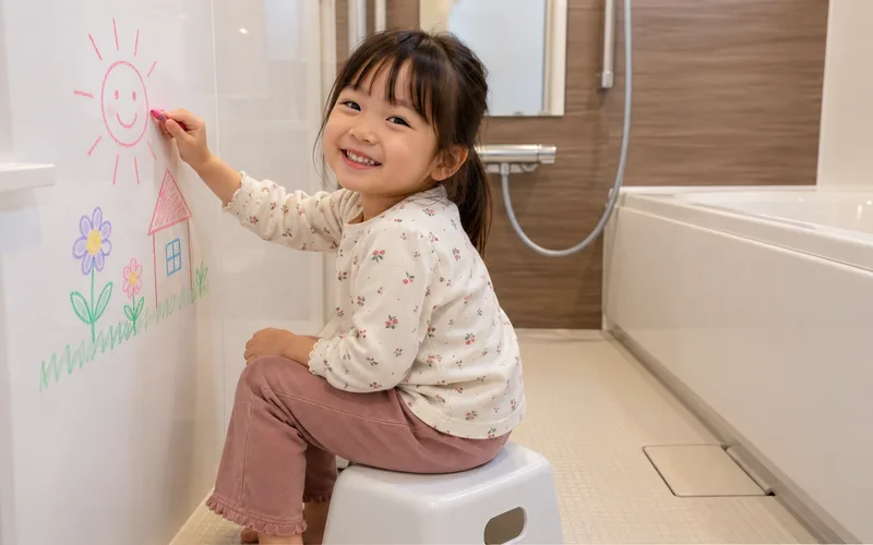 おふろでお絵かきで遊ぶ子ども