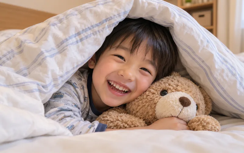 お布団どうくつ宝さがしで遊ぶ子ども