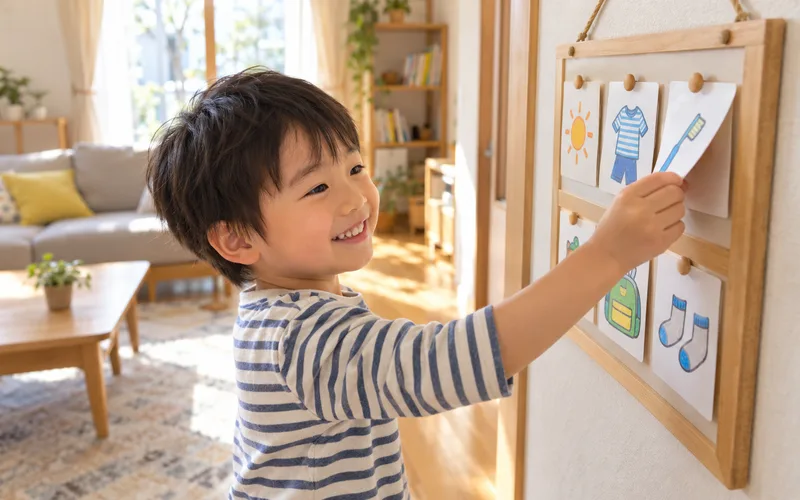 お支度ボードでミッションで遊ぶ子ども