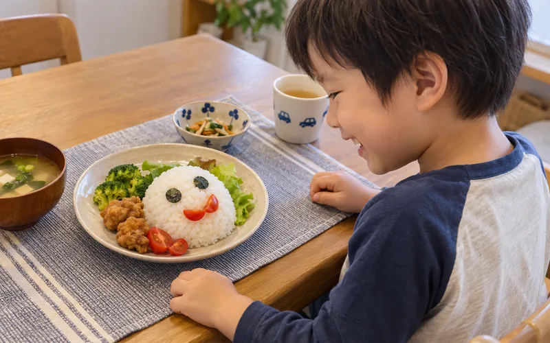 お皿の上でお顔づくりで遊ぶ子ども
