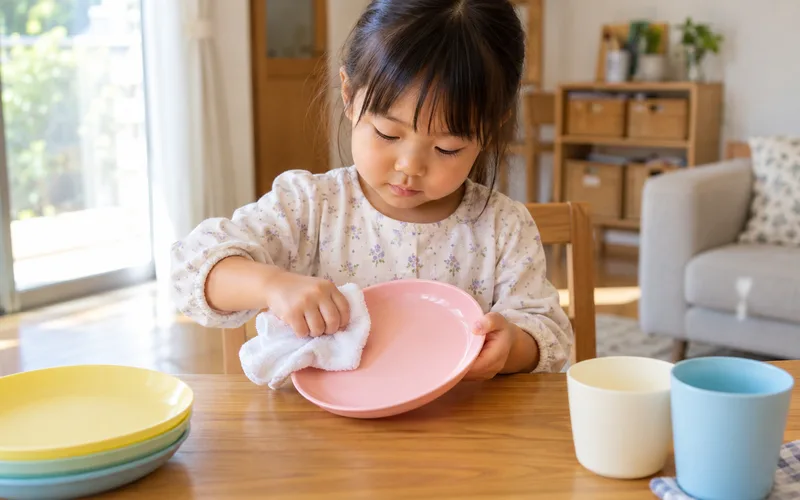 お皿ふきふき拭き掃除ごっこで遊ぶ子ども