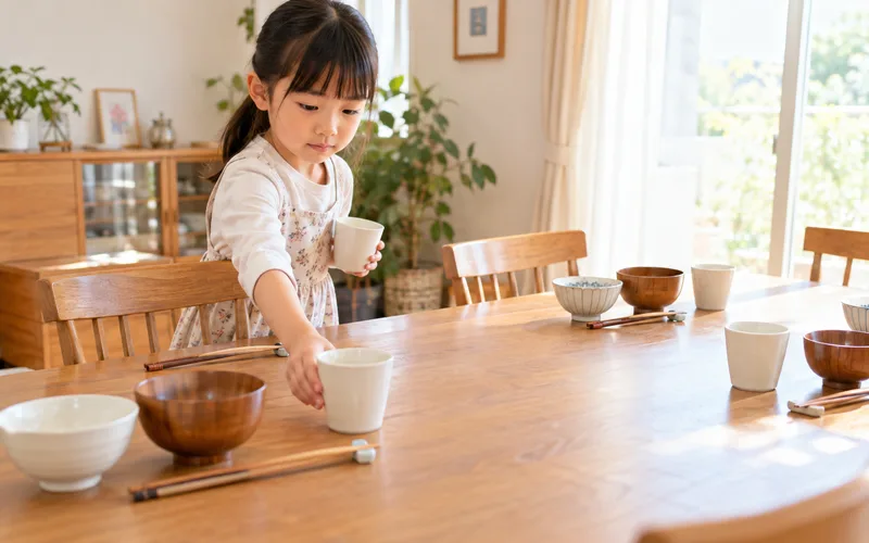 お箸ならべセッティングごっこで遊ぶ子ども