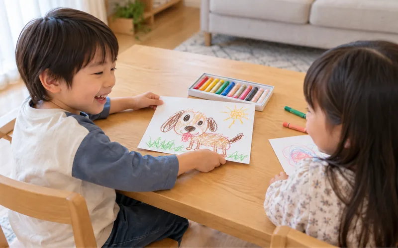 お絵かき伝言ゲームで遊ぶ子ども