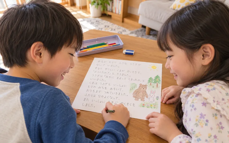 お話リレー作文で遊ぶ子ども