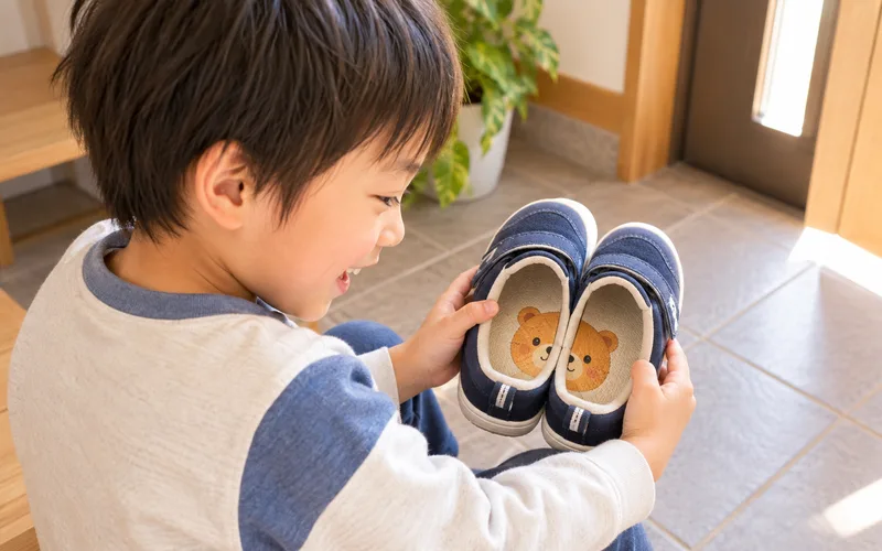 くつの左右ぴったんこシールで遊ぶ子ども