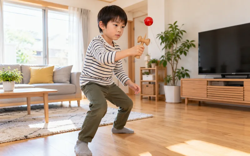 けん玉チャレンジで遊ぶ子ども
