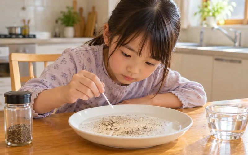 こしょう逃げる水実験で遊ぶ子ども