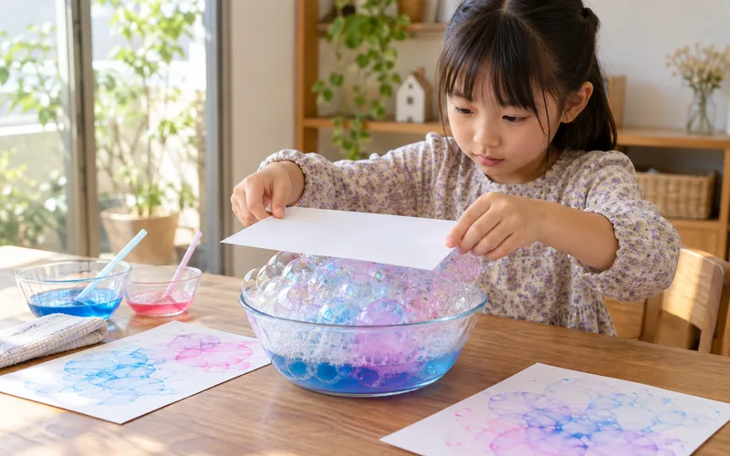 しゃぼん玉ペイントアートで遊ぶ子ども