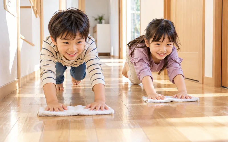 ぞうきんがけレースで遊ぶ子ども