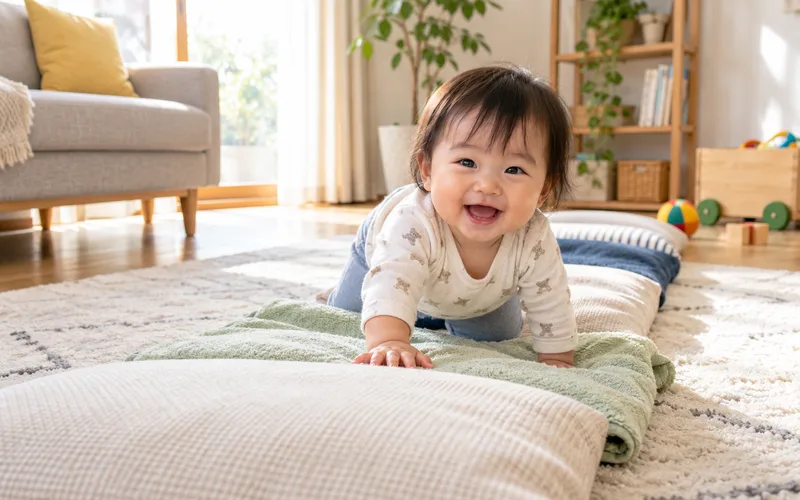 でこぼこ道渡りハイハイで遊ぶ子ども