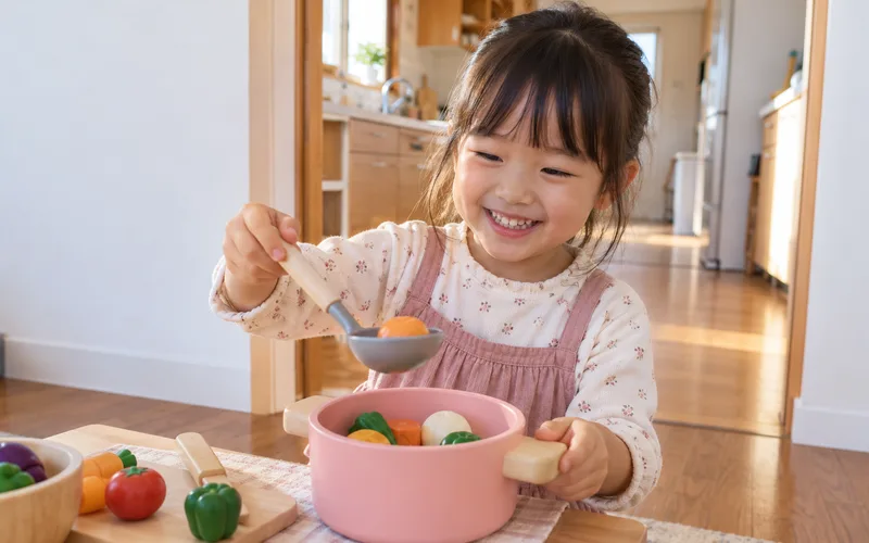 となりでおままごと料理で遊ぶ子ども
