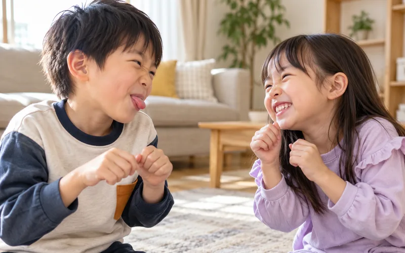 にらめっこ対決で遊ぶ子ども