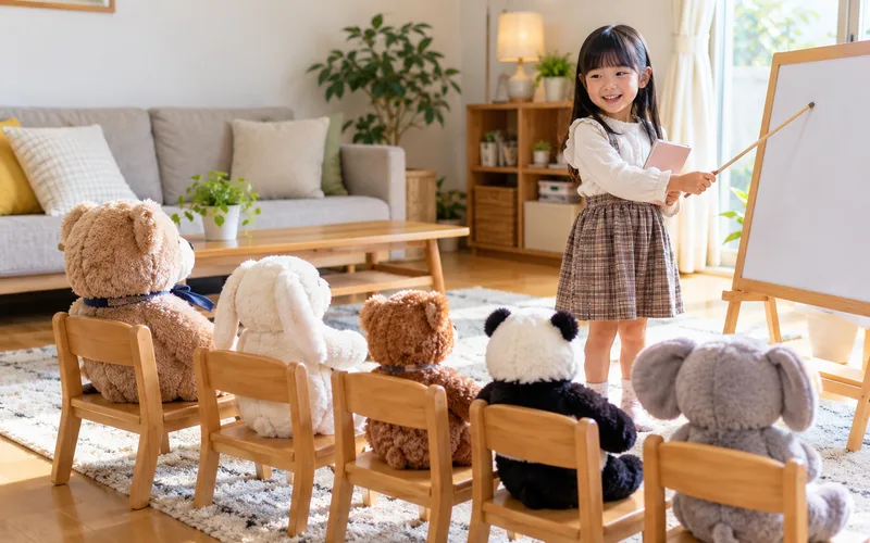 ぬいぐるみの学校ごっこで遊ぶ子ども