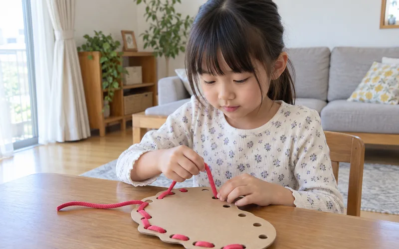 ひも通し板遊びで遊ぶ子ども