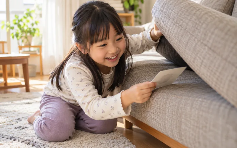 ひらがなカード宝さがしで遊ぶ子ども
