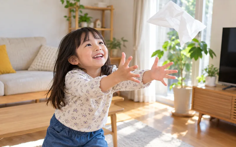 ひらひらティッシュキャッチで遊ぶ子ども