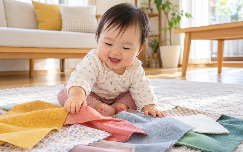 ふわふわ布タッチ遊びで遊ぶ子ども