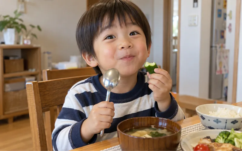 もぐもぐ食レポごっこで遊ぶ子ども