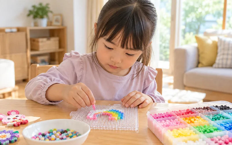 アイロンビーズ並べで遊ぶ子ども