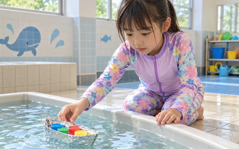 アルミホイルのお風呂ボートで遊ぶ子ども