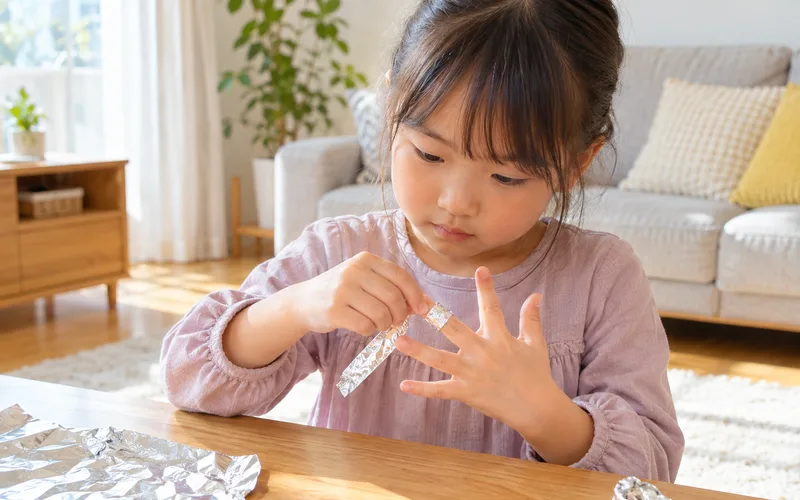 アルミホイル指輪づくりで遊ぶ子ども