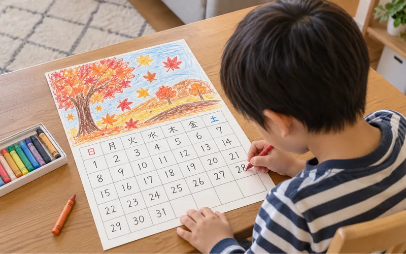 オリジナルカレンダー作りで遊ぶ子ども