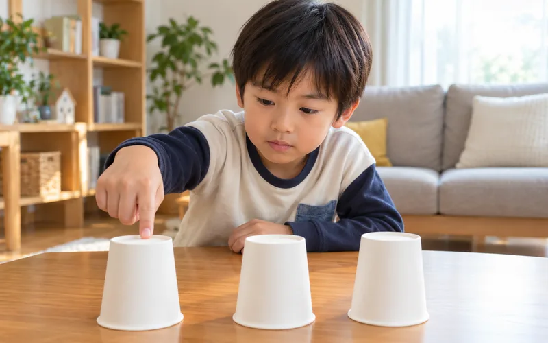 カップシャッフルゲームで遊ぶ子ども