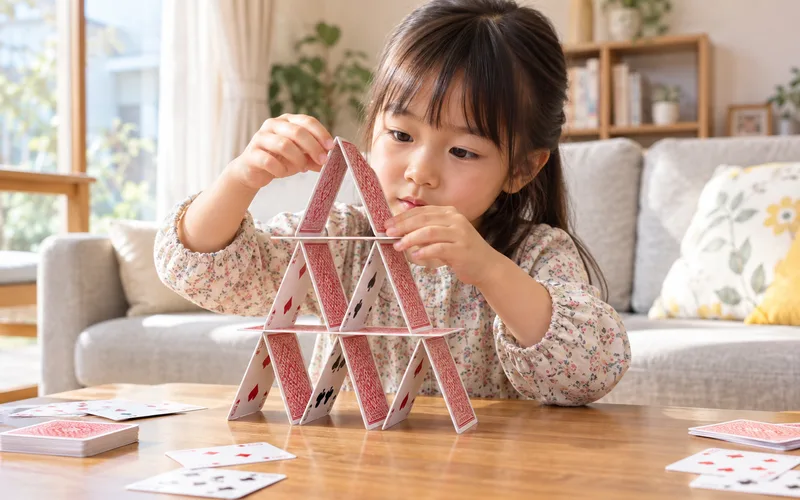 カードタワーづくりで遊ぶ子ども