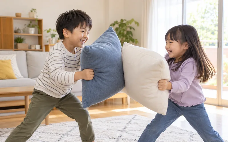 クッション相撲で遊ぶ子ども