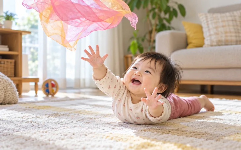スカーフひらひらキャッチで遊ぶ子ども