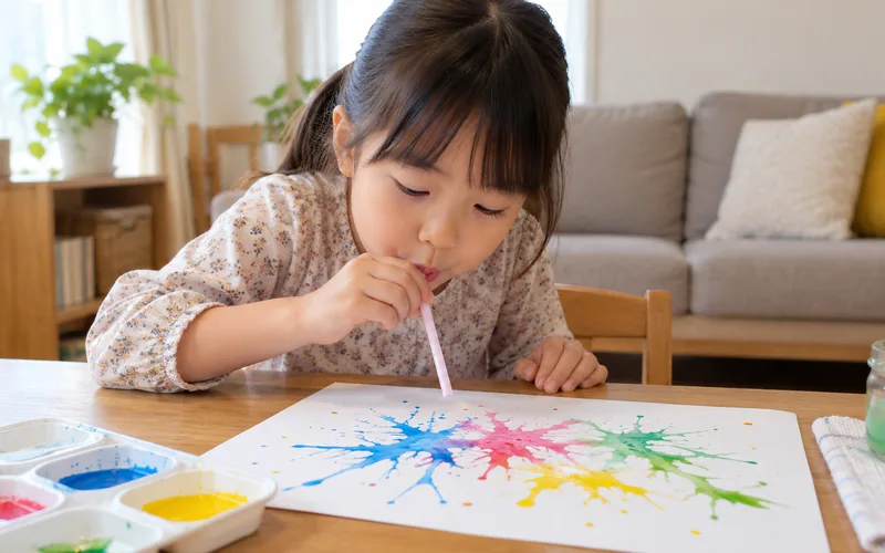 ストローふきふき絵で遊ぶ子ども