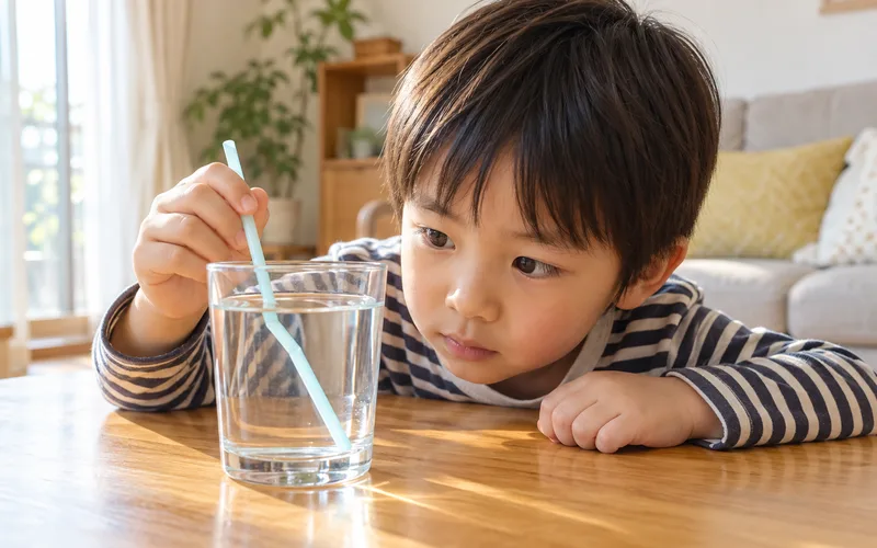 ストロー曲がって見える実験で遊ぶ子ども