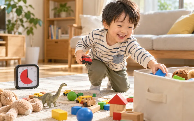 タイマーお片付けチャレンジで遊ぶ子ども