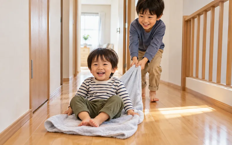 タオルそり遊びで遊ぶ子ども