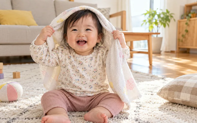 タオルでいないいないばあで遊ぶ子ども