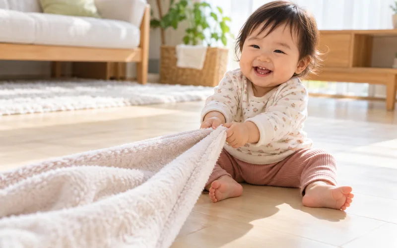 タオルのつなひきで遊ぶ子ども
