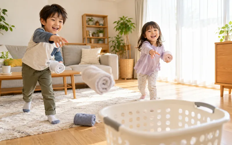 タオル玉入れで遊ぶ子ども