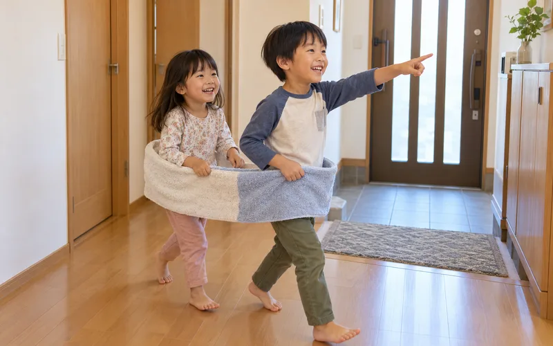 タオル電車でしゅっぱつで遊ぶ子ども