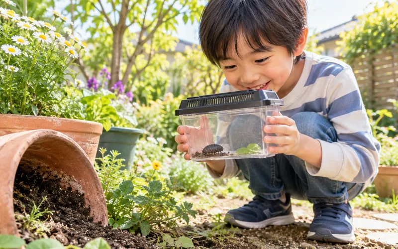 ダンゴムシ・虫さがしで遊ぶ子ども
