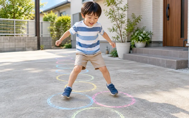 チョークでけんけんぱで遊ぶ子ども