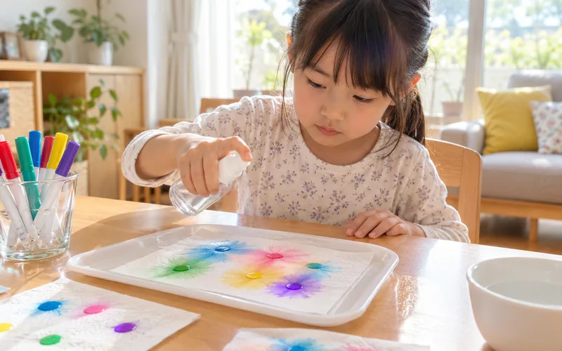 ティッシュにじみ染めで遊ぶ子ども