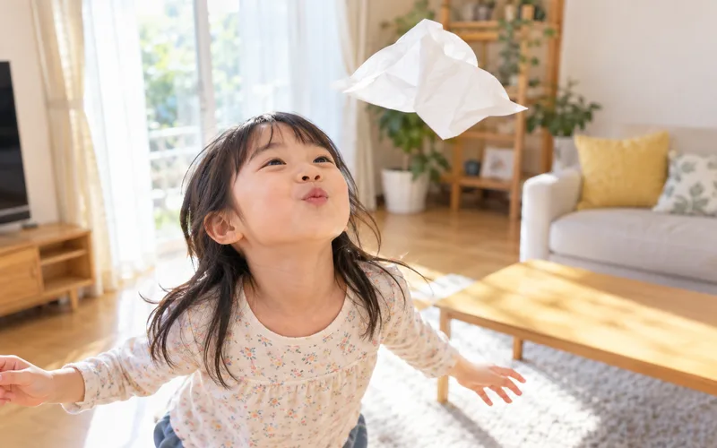ティッシュふーふー飛ばしで遊ぶ子ども