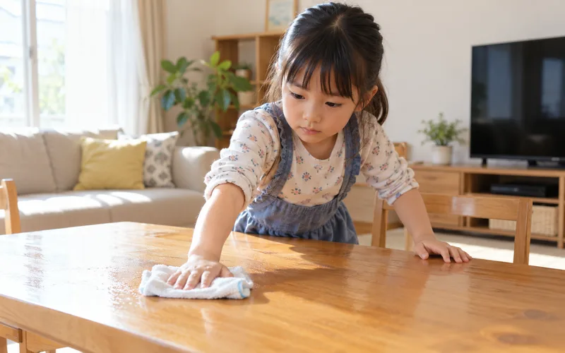 テーブル拭きレースで遊ぶ子ども