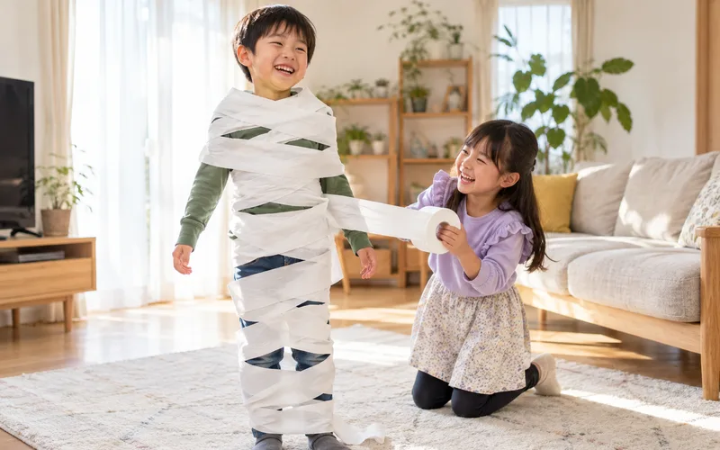 トイレットペーパーミイラごっこで遊ぶ子ども