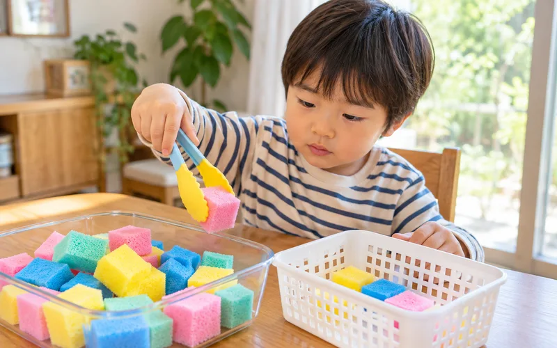 トングでつかみどりゲームで遊ぶ子ども