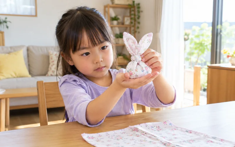 ハンカチうさぎづくりで遊ぶ子ども