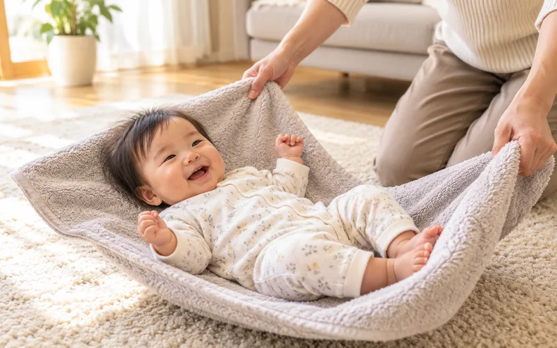 バスタオルゆりかご揺らしで遊ぶ子ども