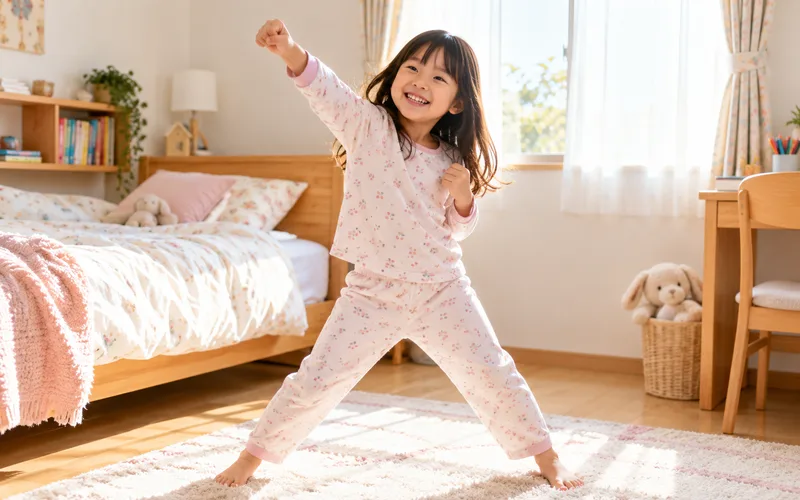 パジャマでヒーロー変身で遊ぶ子ども
