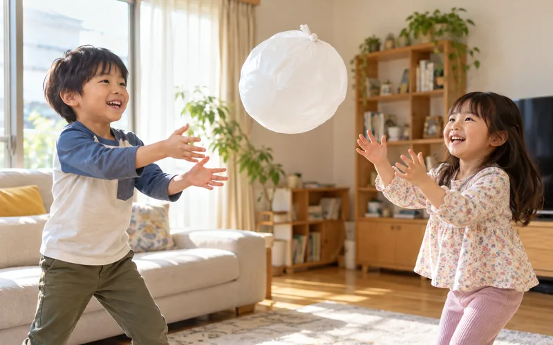 ビニール袋ふわふわボール投げで遊ぶ子ども